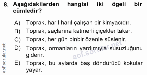 8. soru: Aşağıdakilerden hangisi iki ögeli bir cümledir? A) Toprak, harıl harıl çalışan bir kimyacıdır. B) Toprak, saçlarına k…