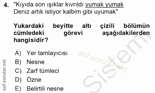 4. soru: "Kıyıda son ışıklar kıvrıldı yumak yumak Deniz artık istiyor kalbim gibi uyumak" Yukardaki beyitte altı çizili bölümü…