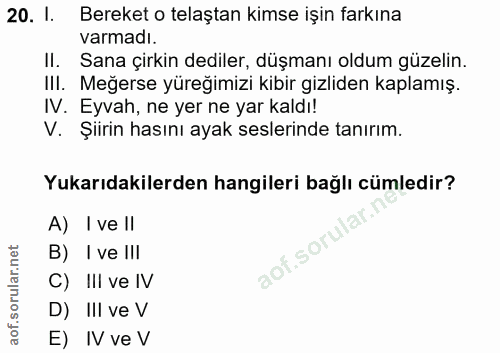 20. soru: I. Bereket o telaştan kimse işin farkına varmadı. Il. Sana çirkin dediler, düşmanı oldum güzelin. IlI. Meğerse yüreği…