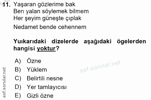 11. soru: Yaşaran gözlerime bak Ben yalan söylemek bilmem Her şeyim güneşte çıplak Nedamet bende cehennem Yukarıdaki dizelerde…