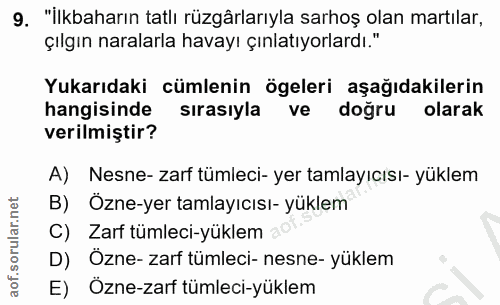 9. soru: "İlkbaharın tatlı rüzgârlarıyla sarhoş olan martılar, çılgın naralarla havayı çınlatıyorlardı." Yukarıdaki cümlenin ö…