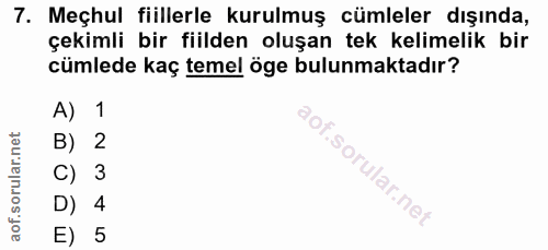 7. soru: Meçhul fiillerle kurulmuş cümleler dışında, çekimli bir fiilden oluşan tek kelimelik bir cümlede kaç temel öge bulunm…