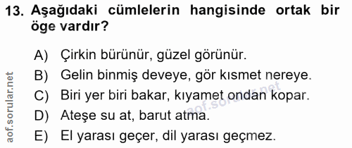 13. soru: Aşağıdaki cümlelerin hangisinde ortak bir öge vardır? A) Çirkin bürünür, güzel görünür. B) Gelin binmiş deveye, gör k…