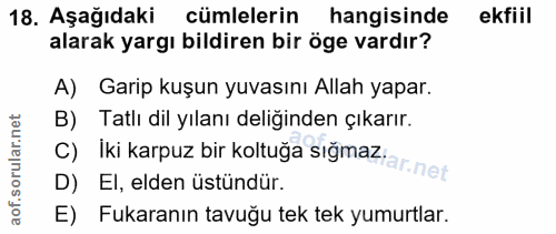18. soru: Aşağıdaki cümlelerin hangisinde ekfiil alarak yargı bildiren bir öge vardır? A) Garip kuşun yuvasını Allah yapar. c)…