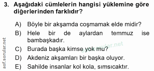 3. soru: Aşağıdaki cümlelerin hangisi yüklemine göre diğerlerinden farklıdır? A) Böyle bir akşamda coşmamak elde midir? B) Hel…