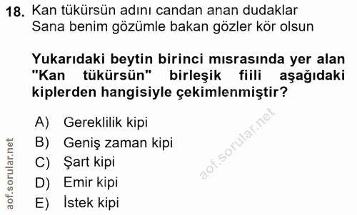 18. soru: Kan tükürsün adını candan anan dudaklar Sana benim gözümle bakan gözler kör olsun Yukarıdaki beytin birinci mısrasınd…