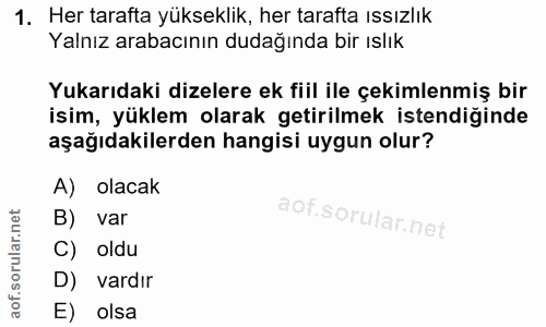 1. soru: Her tarafta yükseklik, her tarafta ıssızlık Yalnız arabacının dudağında bir ıslık Yukarıdaki dizelere ek fiil ile çek…