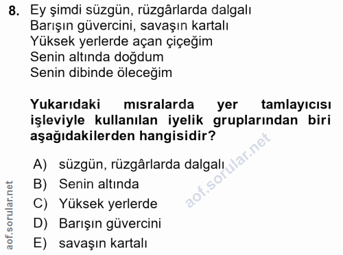 8. soru: Ey şimdi süzgün, rüzgârlarda dalgalı Barışın güvercini, savaşın kartalı Yüksek yerlerde açan çiçeğim Senin altında do…