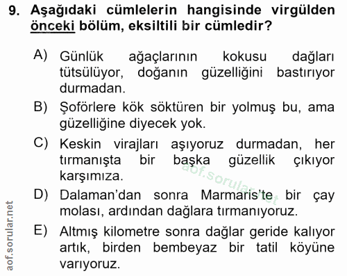 9. soru: Aşağıdaki cümlelerin hangisinde virgülden önceki bölüm, eksiltili bir cümledir? A) Günlük agaçlarının kokusu dağları…