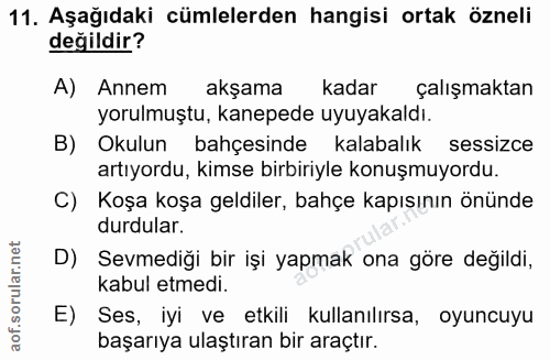 11. soru: Aşağıdaki cümlelerden hangisi ortak özneli değildir? A) Annem akşama kadar çalışmaktan yorulmuştu, kanepede uyuyakald…