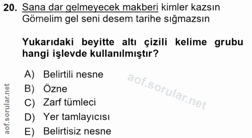 20. soru: Sana dar gelmeyecek makberi kimler kazsın Gömelim gel seni desem tarihe sığmazsın Yukarıdaki beyitte altı çizili keli…