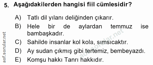 5. soru: Aşağıdakilerden hangisi fiil cümlesidir? A) Tatlı dil yılanı deliğinden çıkarır. B) Hele bir de aylardan temmuz ise b…