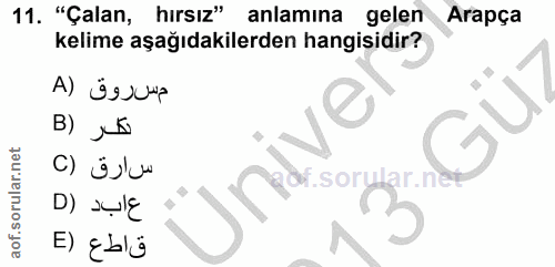 11. soru: "Çalan, hırsız" anlamına gelen Arapça kelime aşağıdakilerden hangisidir? B) J K D) sulę