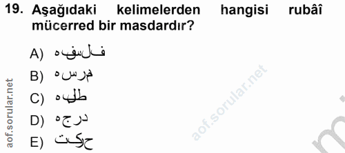 19. soru: Aşağıdaki kelimelerden hangisi rubâî mücerred bir masdardır? A) ovenli مرس B) ٥ C) oçlh درجه (D E) üSE