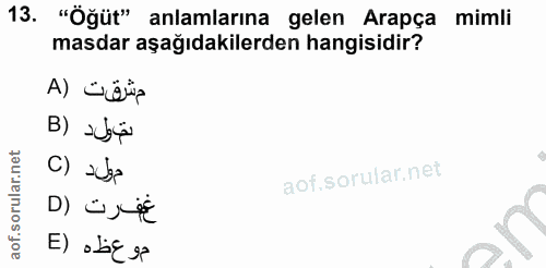 13. soru: "Öğüt" anlamlarına gelen Arapça mimli masdar aşağıdakilerden hangisidir? م شرق ت (A B) ›ü C) مولد aof sorularinet غفر…