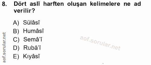 8. soru: Dört asli harften oluşan kelimelere ne ad verilir? A) Sülâsî B) Humâsî C) Semâ'i D) Rubâ'i E) Kıyâsî