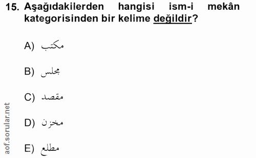 15. soru: Aşağıdakilerden hangisi ism-i mekân kategorisinden bir kelime değildir? A) cit. B) unle C) tsès D) Ü jes E) elso