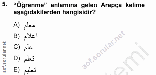5. soru: "Öğrenme" anlamına gelen Arapça kelime aşağıdakilerden hangisidir? A) plas B) plel C) pl D) plej تعليم (E