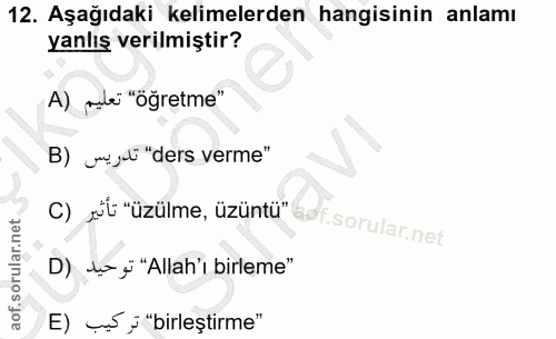 12. soru: Aşağıdaki kelimelerden hangisinin anlamı yanlış verilmiştir? A) ati "öğretme" B) uyul "ders verme" C) nt "üzülme, üzü…