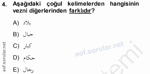 4. soru: Aşağıdaki çoğul kelimelerden hangisinin vezni diğerlerinden farklıdır? A) s34 B) Jo. C) 45 D) ,ke E) J4j