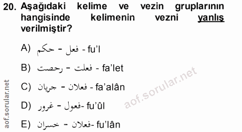 20. soru: Aşağıdaki kelime ve vezin gruplarının hangisinde kelimenin vezni yanlış verilmiştir? A) na-Je -fu'l B) cus»,-clé-fa'l…