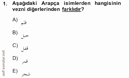 1. soru: Aşağıdaki Arapça isimlerden hangisinin vezni diğerlerinden farklıdır? A) B) C) D) E)