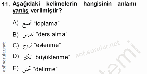 11. soru: Aşağıdaki kelimelerin hangisinin anlamı yanlış verilmiştir? A) ent "toplama" B) vot "ders alma" C) 2F "evlenme" D) rt…