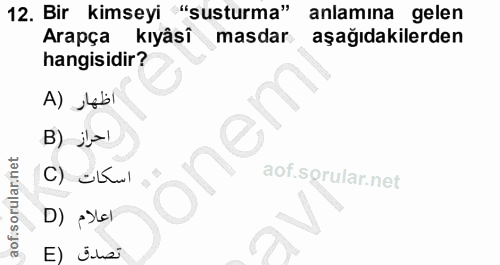 12. soru: Bir kimseyi "susturma" anlamina gelen Arapça kıyâsî masdar aşağıdakilerden hangisidir? A) J4bl B) j~l oner اسكات (C D…