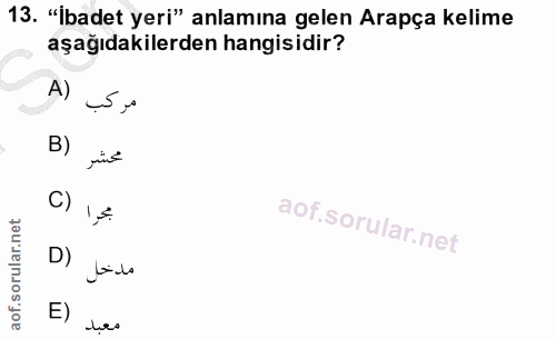 13. soru: "İbadet yeri" anlamına gelen Arapça kelime aşağıdakilerden hangisidir? A) B) C) D) Lido E)