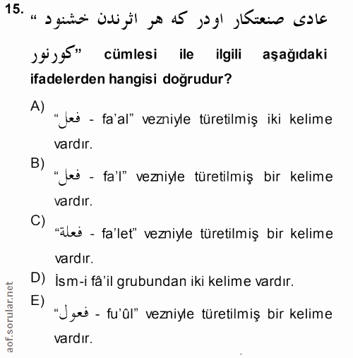 15. soru: عادى صنعتكار اودر كه هر اثرندن خشنود » .15 sise" cümlesi ile ilgili aşağıdaki ifadelerden hangisi doğrudur? A) "lei -…