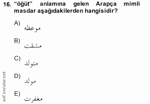 16. soru: "Öğüt" anlamına gelen Arapça mimli masdar aşağıdakilerden hangisidir? A) ites go B) مشقت C) متولد D) مولد E) مغفرت