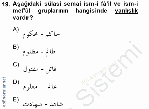 19. soru: Aşağıdaki sülasî semaî ism-i fâ'il ve ism-i mefül gruplarının hangisinde yanlışlık vardır? A) حاكم - محكوم B) ظالم -…