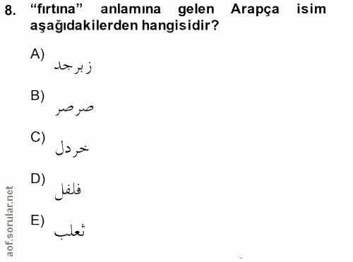 8. soru: "fırtına" anlamına gelen Arapça isim aşağıdakilerden hangisidir? A) زبر جد B) صرصر C) خردل D) tili تعلب