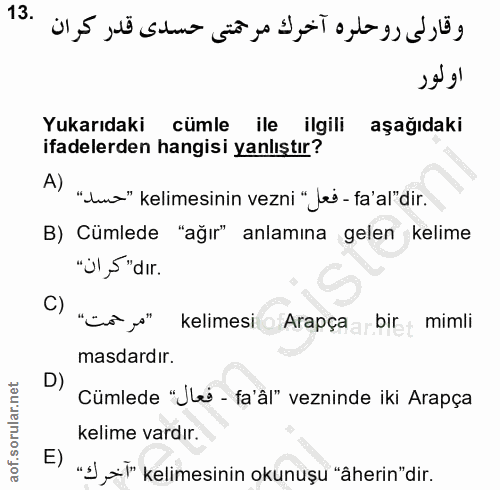 13. soru: Yukarıdaki cümle ile ilgili aşağıdaki ifadelerden hangisi yanlıştır? A) "Ju-" kelimesinin vezni " lei - fa'al"dir. B)…