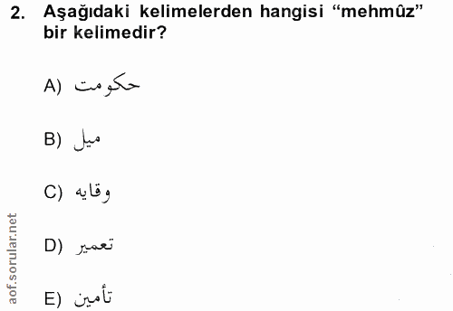 2. soru: Aşağıdaki kelimelerden hangisi "mehmûz" bir kelimedir? حكومت (A B) Jo () abg D) șar تأمين (E