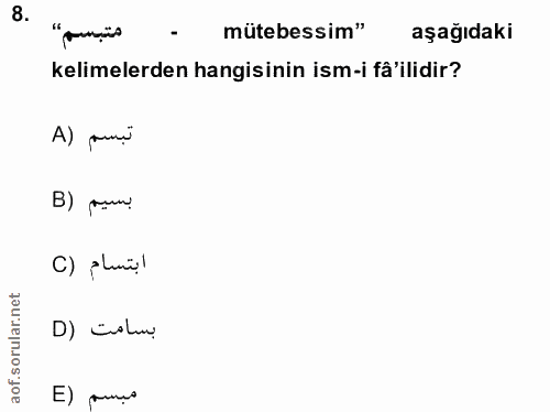 8. soru: متبسم" mütebessim" aşağıdaki kelimelerden hangisinin ism-i fâ'ilidir? A) pami B) pun C) pluül D) colu E) muna