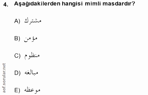 4. soru: Aşağıdakilerden hangisi mimli masdardır? مشترك (A B) jošo منظوم (C D) celles E) abs go