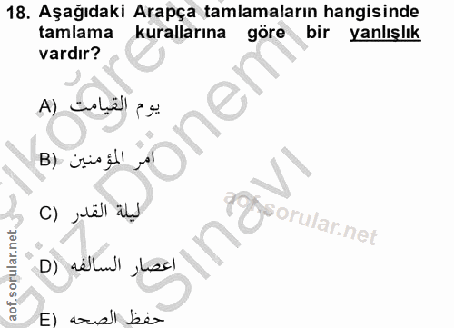 18. soru: Aşağıdaki Arapça tamlamaların hangisinde tamlama kurallarına göre bir yanlışlık vardır? sau inen يوم القيامت (A ليلة…