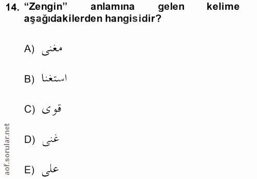 14. soru: "Zengin" anlamina gelen Kelime aşağıdakilerden hangisidir? A) fits استغنا (B C) S º D) gis E) do
