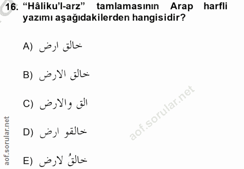 16. soru: "Hâliku'l-arz" tamlamasının Arap harfli yazımı aşağıdakilerden hangisidir? Al jej älla خالق الارض (B c) j, yla äll j'…