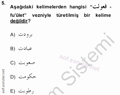 5. soru: Aşağıdaki kelimelerden hangisi "EJ gel - fu'ûlet" vezniyle türetilmiş bir kelime değildir? A) üsgr B) üsu sistemi C)…