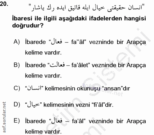 20. soru: "انسان حقيقتى خيال ايله قاتيق ايده رك ياشار" İbaresi ile ilgili aşağıdaki ifadelerden hangisi doğrudur? A) İbarede "J…