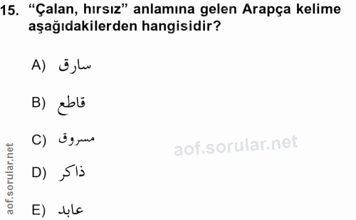 15. soru: "Çalan, hırsız" anlamına gelen Arapça kelime aşağıdakilerden hangisidir? A) Ü,la B) ablü C) Üg uma D) ,Sis E) blc