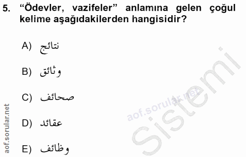 5. soru: "Odevler, vazifeler" anlamına gelen çoğul kelime aşağıdakilerden hangisidir? A) zilü B) ölig C) äiter aof soruląr D)…