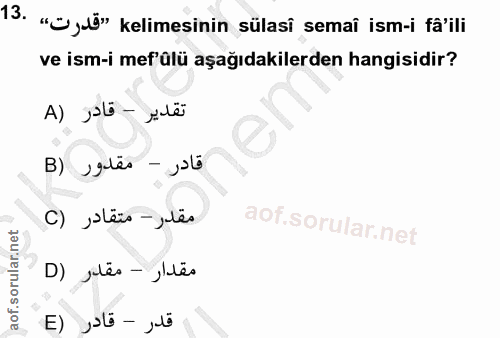 13. soru: "Oylä» kelimesinin sülasi semaî ism-i fa'ili ve ism-i mef'ülü aşağıdakilerden hangisidir? نقدير - قادر (A قادر - مقدو…