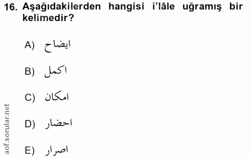 16. soru: Aşağıdakilerden hangisi 'lâle uğramış bir kelimedir? A) Elis! B) Jasl امكان (C احضار (D اصرار (E