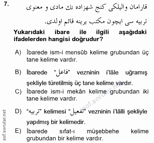 7. soru: Yukarıdaki ibare ile ilgili aşağıdaki ifadelerden hangisi doğrudur? A) İbarede ism-i mensûb kelime grubundan üç tane…