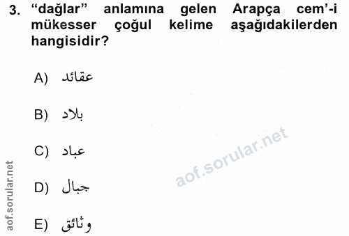 3. soru: "dağlar" anlamına gelen Arapça cem'-i mükesser çoğul kelime aşağıdakilerden hangisidir? A) dilës B) ›k C) sLc D) Jo E…