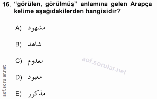 16. soru: "görülen, görülmüş" anlamına gelen Arapça kelime aşağıdakilerden hangisidir? A) I ofiro B) lolü C) palas D) > gurs E)…