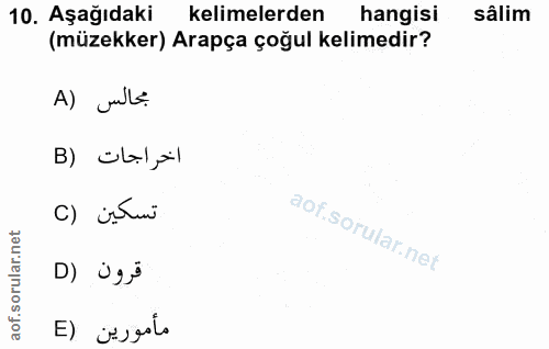 10. soru: Aşağıdaki kelimelerden hangisi sálim (müzekker) Arapça çoğul kelimedir? A) julle اخراجات (B تسكين (C D) ügi مأمورين (E